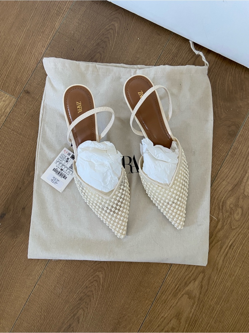 Zara Cream Pearl-Embellished Pointed Slingback Mules